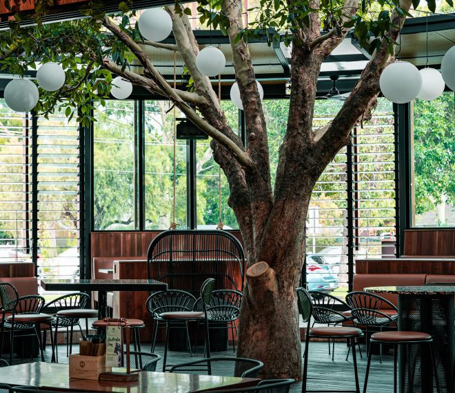 Marion hotel interior design with living tree